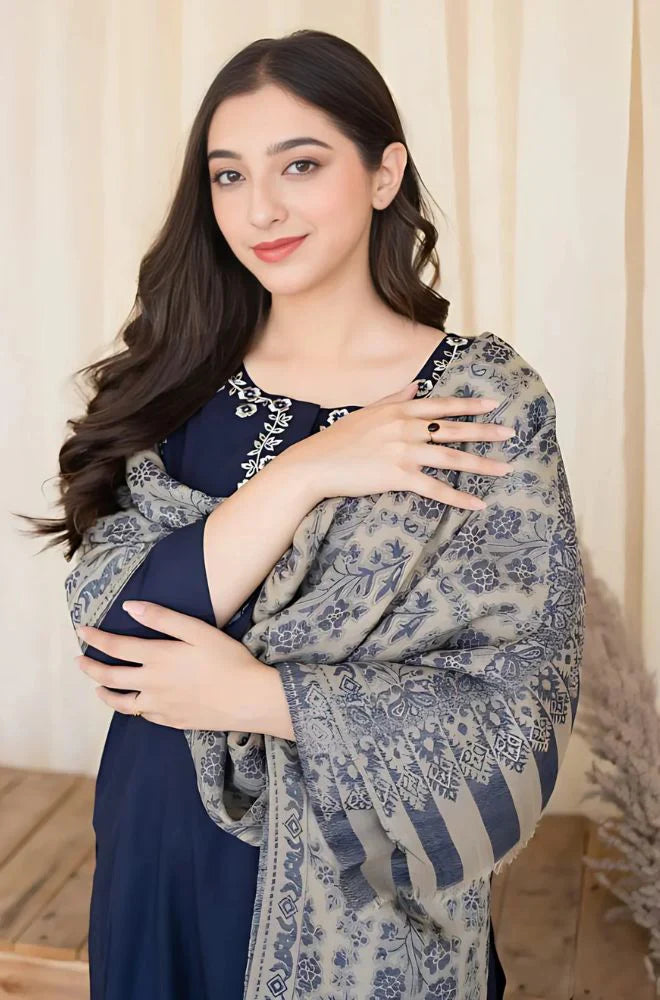 3PC Unstitched Dhanak Embroidered Shirt with Whool Printed Shawl and Trouser-HA20