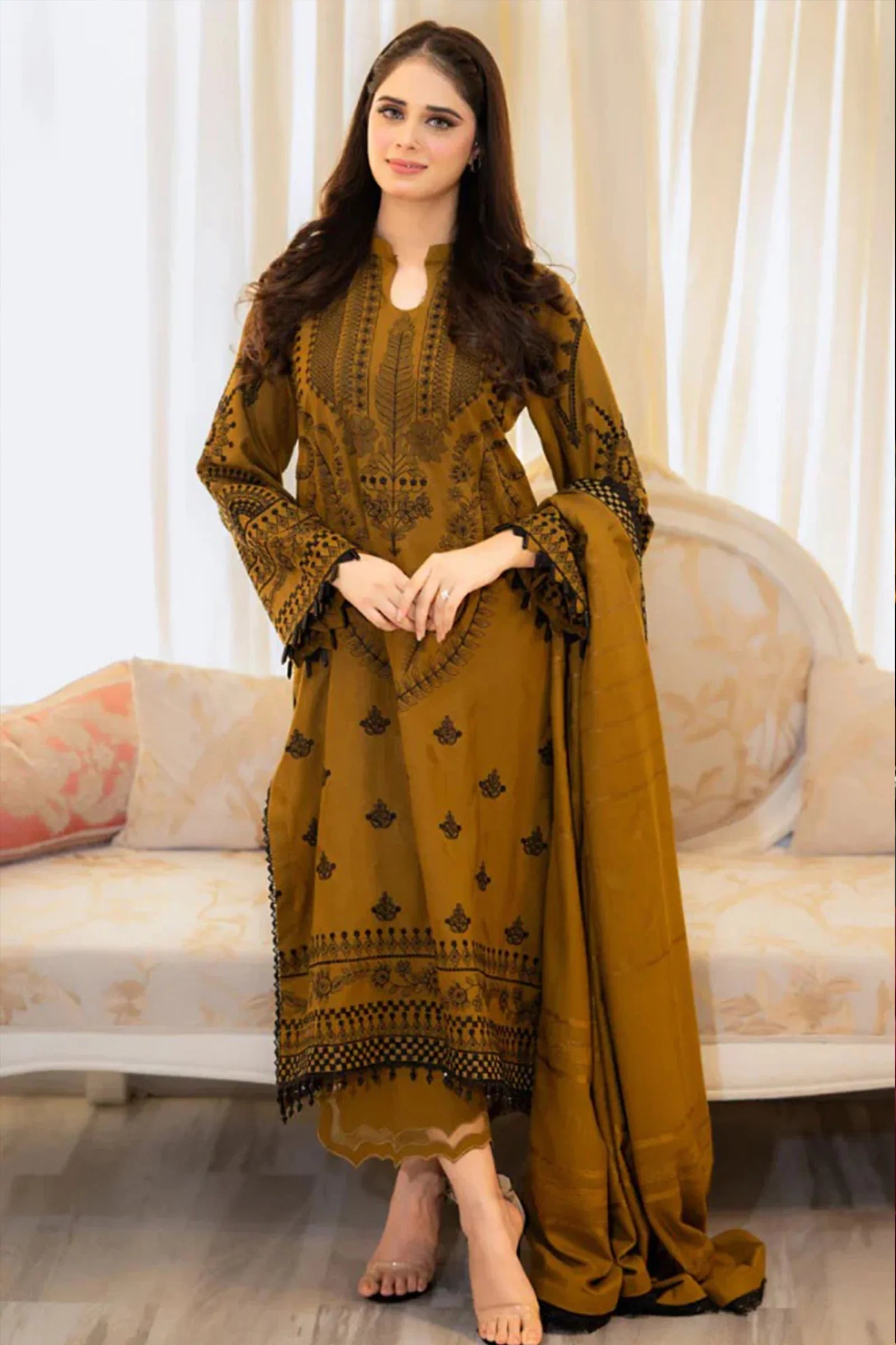 3 PC - EMBROIDERED DHANAK SUIT-HH54