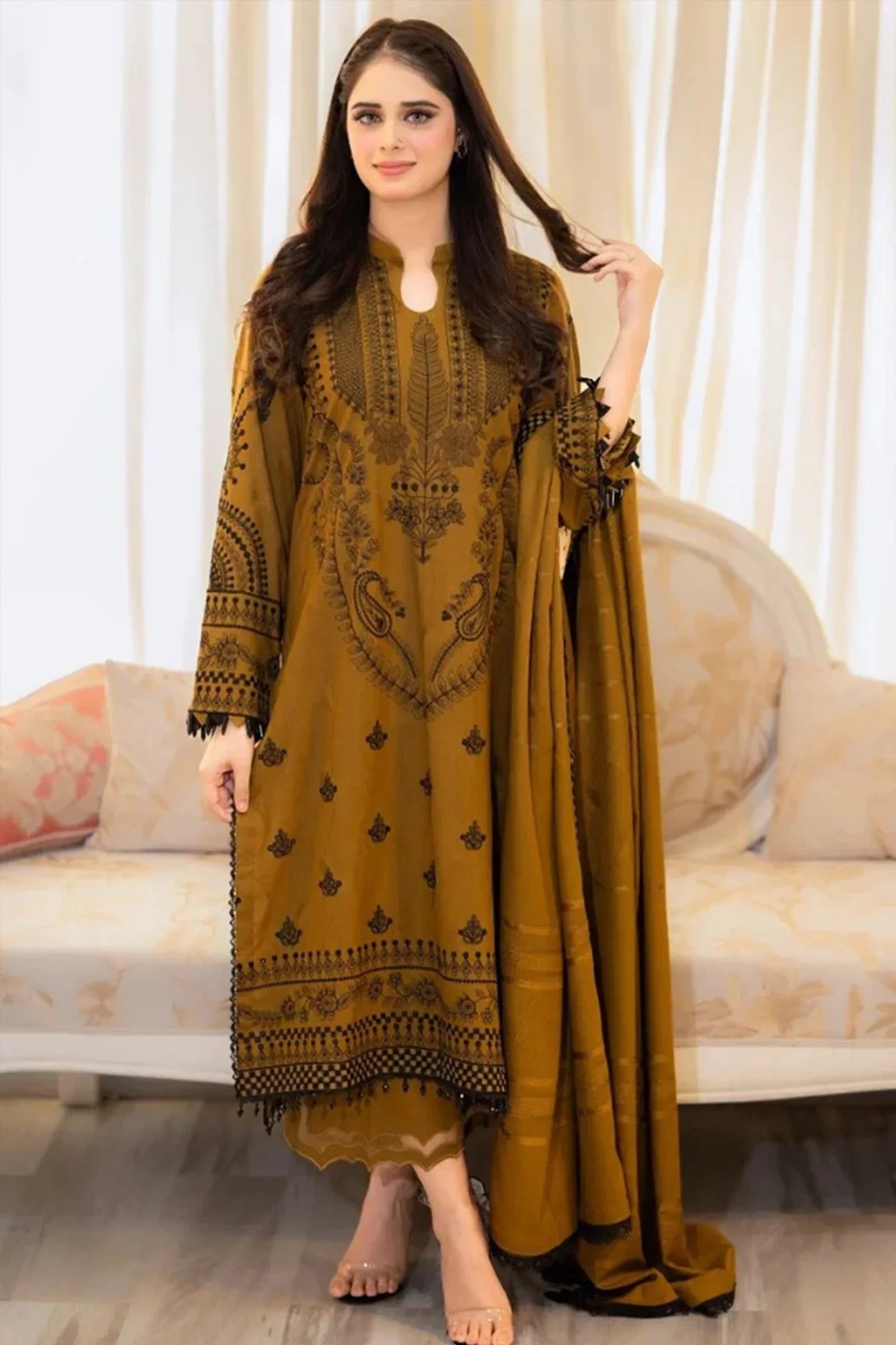 3 PC - EMBROIDERED DHANAK SUIT-HH54