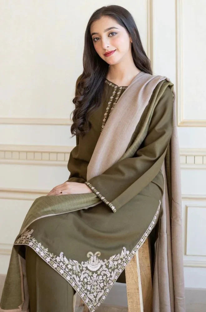 3PC Unstitched Dhanak Embroidered Shirt with Whool Shawl and Trouser-HA18