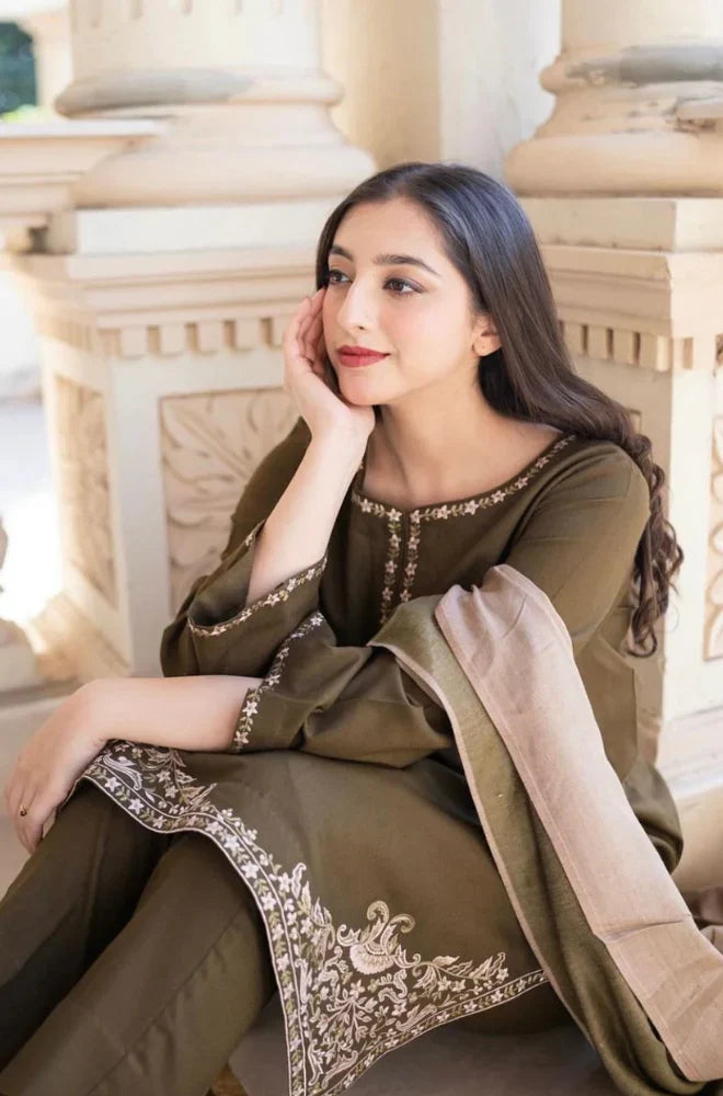 3PC Unstitched Dhanak Embroidered Shirt with Whool Shawl and Trouser-HA18