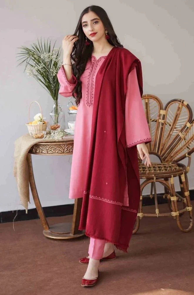 3PC Unstitched Dhanak Embroidered Shirt with Whool Emb Shawl and Trouser-HA19