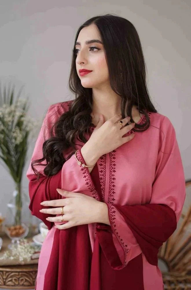 3PC Unstitched Dhanak Embroidered Shirt with Whool Emb Shawl and Trouser-HA19