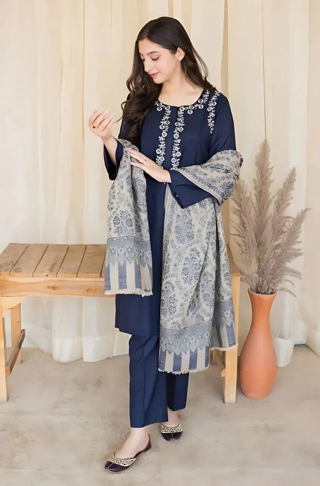 3PC Unstitched Dhanak Embroidered Shirt with Whool Printed Shawl and Trouser-HA20