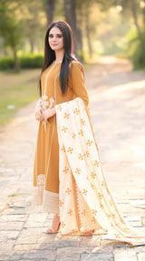 3PC Unstitched Dhanak Embroidered Shirt with Whool Shawl and Trouser-HA10