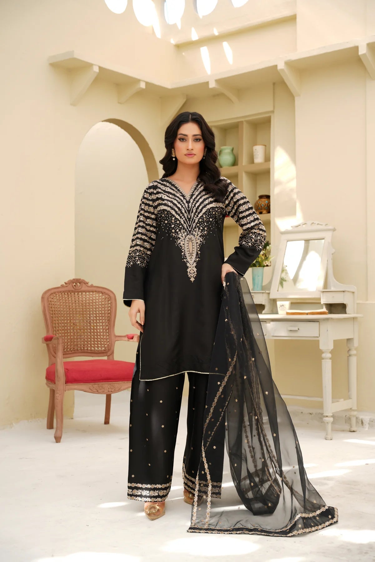 3 PC - EMBROIDERED DHANAK SUIT-HH56