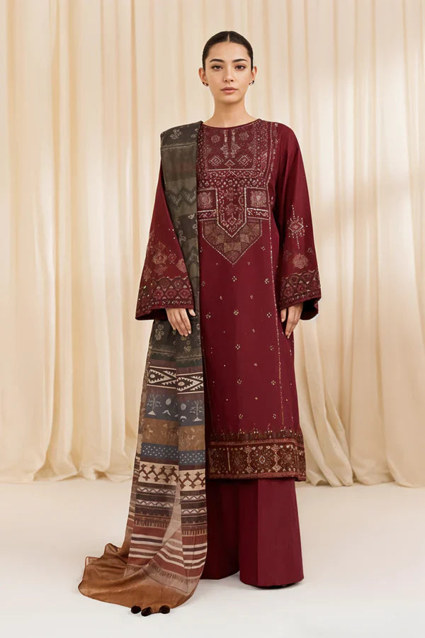 3 PC EMBROIDERED DHANAK SUIT - HH609
