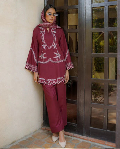 Maroon schiffli DHANAK - HH602