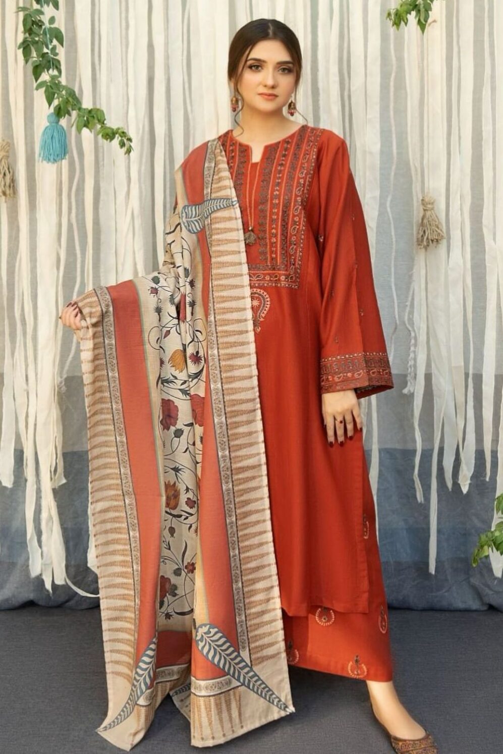 3PC Unstitched Dhanak Embroidered Shirt with Digital Printed Pashmina Wool Shawl and Embroidered Trouser AB