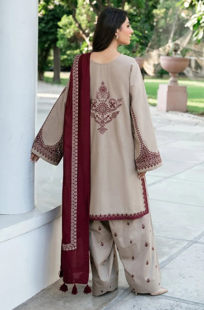 3PC Unstitched Dhanak Embroidered Shirt with Printed Whool Shawl and Trouser-HA12