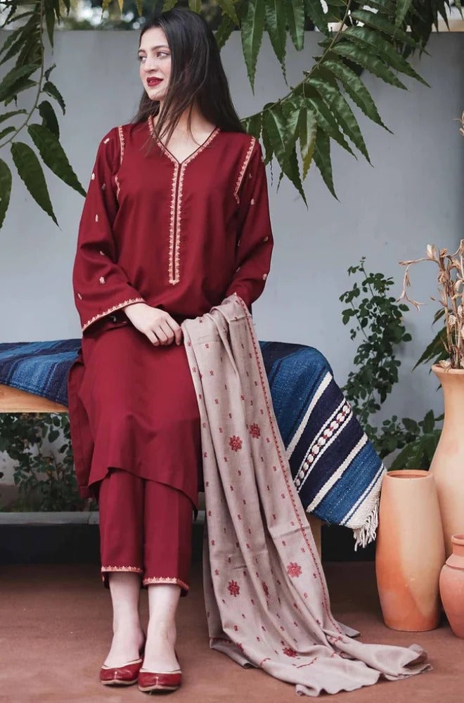 3PC Unstitched Dhanak Embroidered Shirt with Whool Emb  Shawl and Trouser-HA13