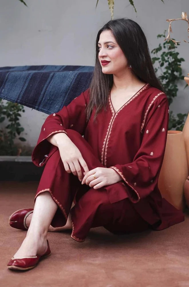 3PC Unstitched Dhanak Embroidered Shirt with Whool Emb  Shawl and Trouser-HA13