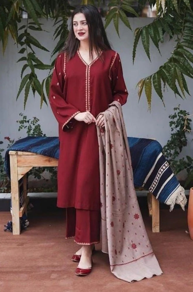 3PC Unstitched Dhanak Embroidered Shirt with Whool Emb  Shawl and Trouser-HA13