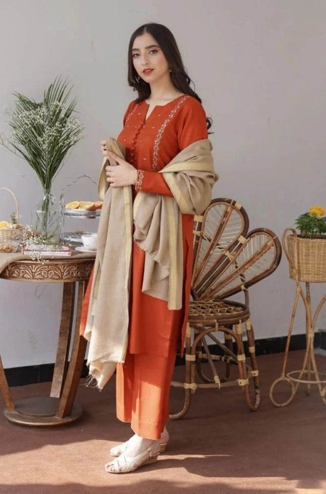 3PC Unstitched Dhanak Embroidered Shirt with Whool Printed Shawl and Emb Trouser-HA10
