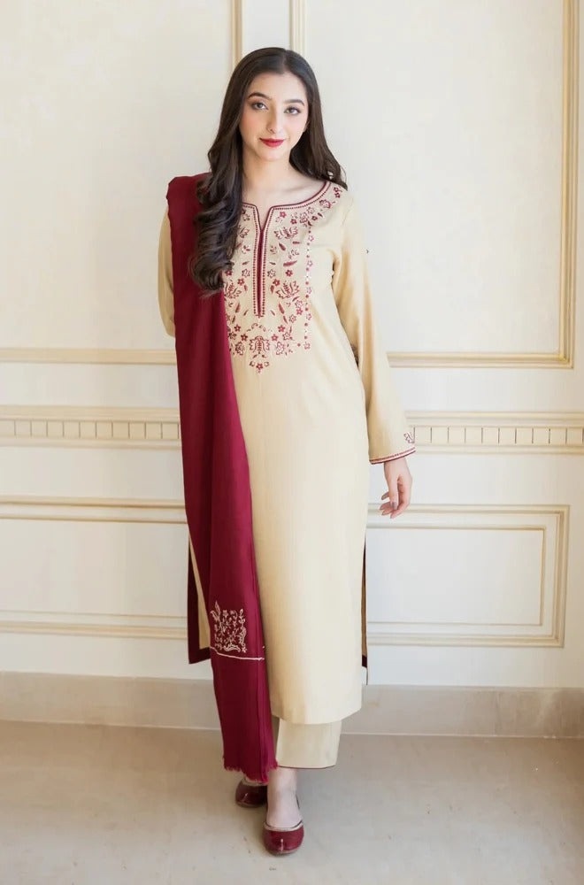 3PC Unstitched Dhanak Embroidered Shirt with Whool Emb Shawl and Trouser-HA15