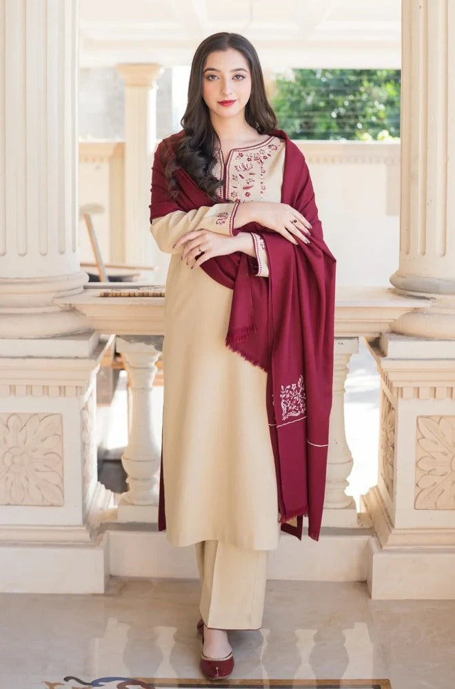 3PC Unstitched Dhanak Embroidered Shirt with Whool Emb Shawl and Trouser-HA15