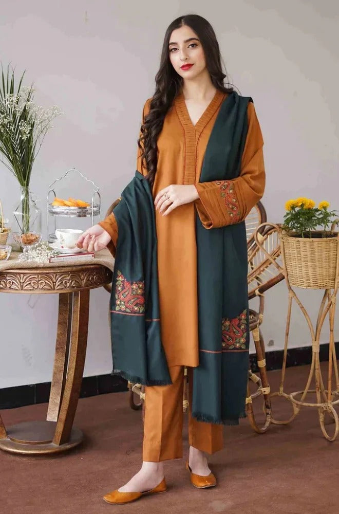 3PC Unstitched Dhanak Embroidered Shirt with Whool Emb Shawl and Trouser-HA17