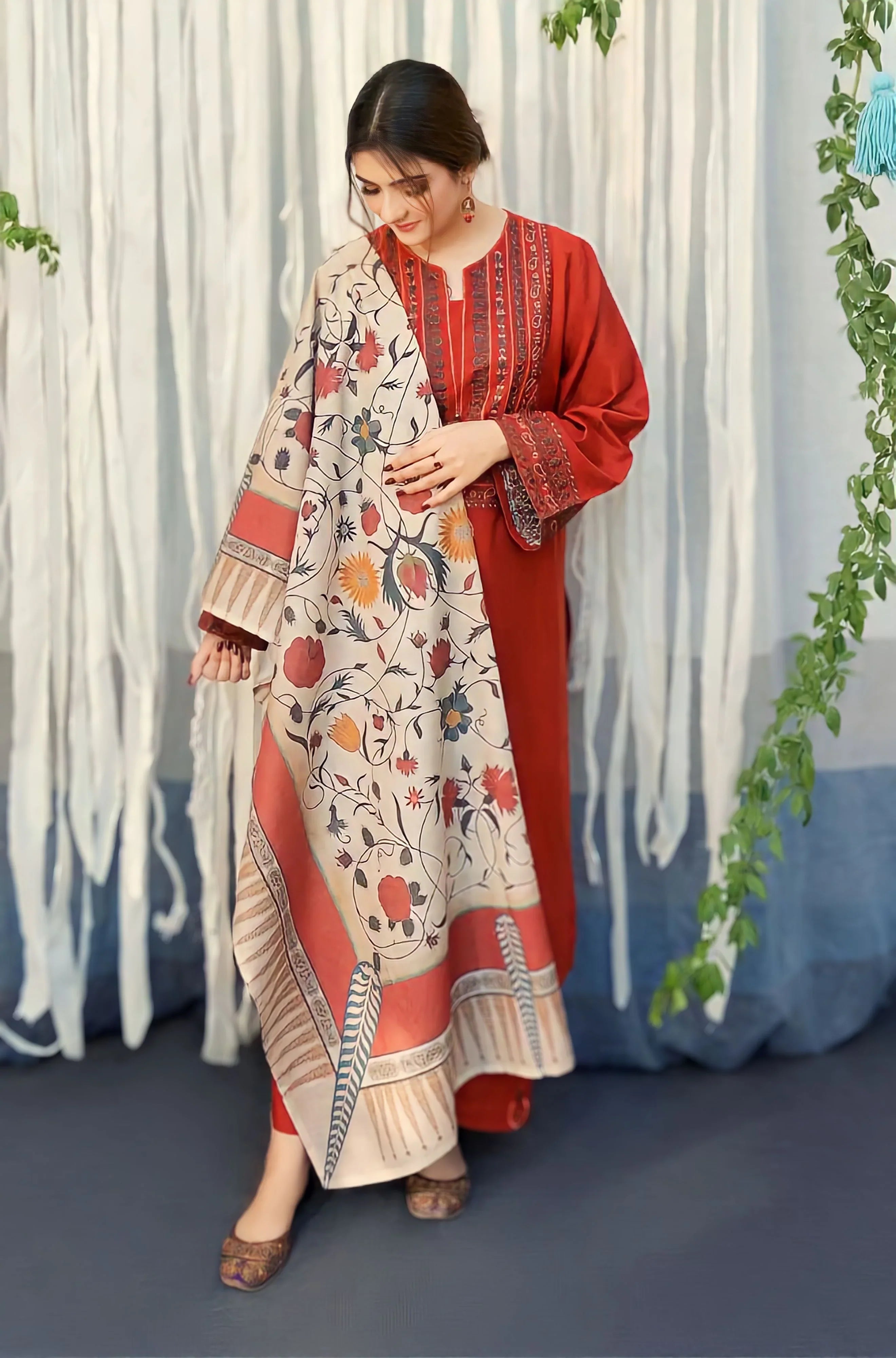 3PC Unstitched Dhanak Embroidered Shirt with Digital Printed Pashmina Wool Shawl and Embroidered Trouser AB