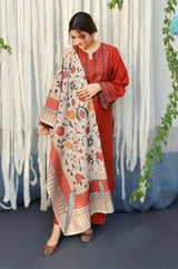 3PC Unstitched Dhanak Embroidered Shirt with Digital Printed Pashmina Wool Shawl and Embroidered Trouser AB