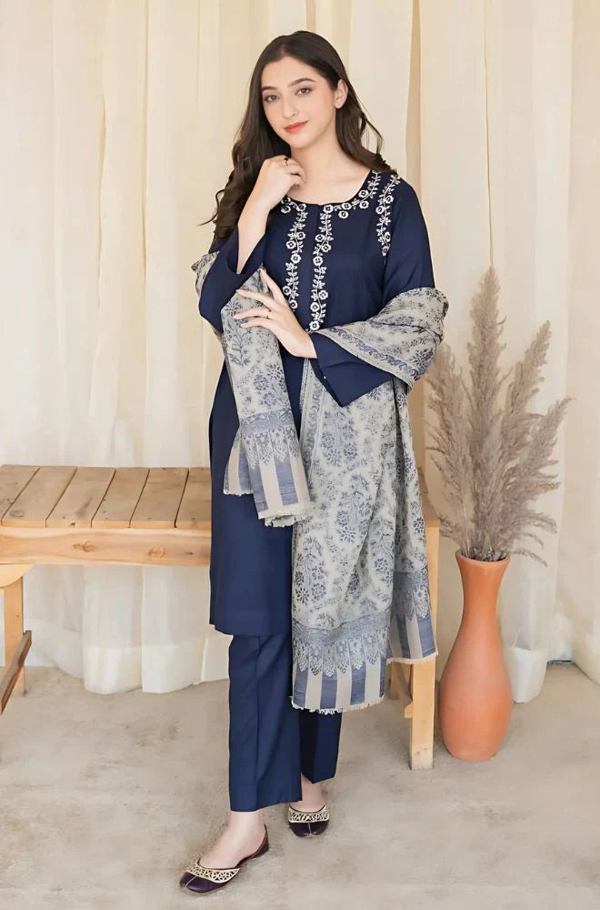 3PC Unstitched Dhanak Embroidered Shirt with Whool Printed Shawl and Trouser-HA20