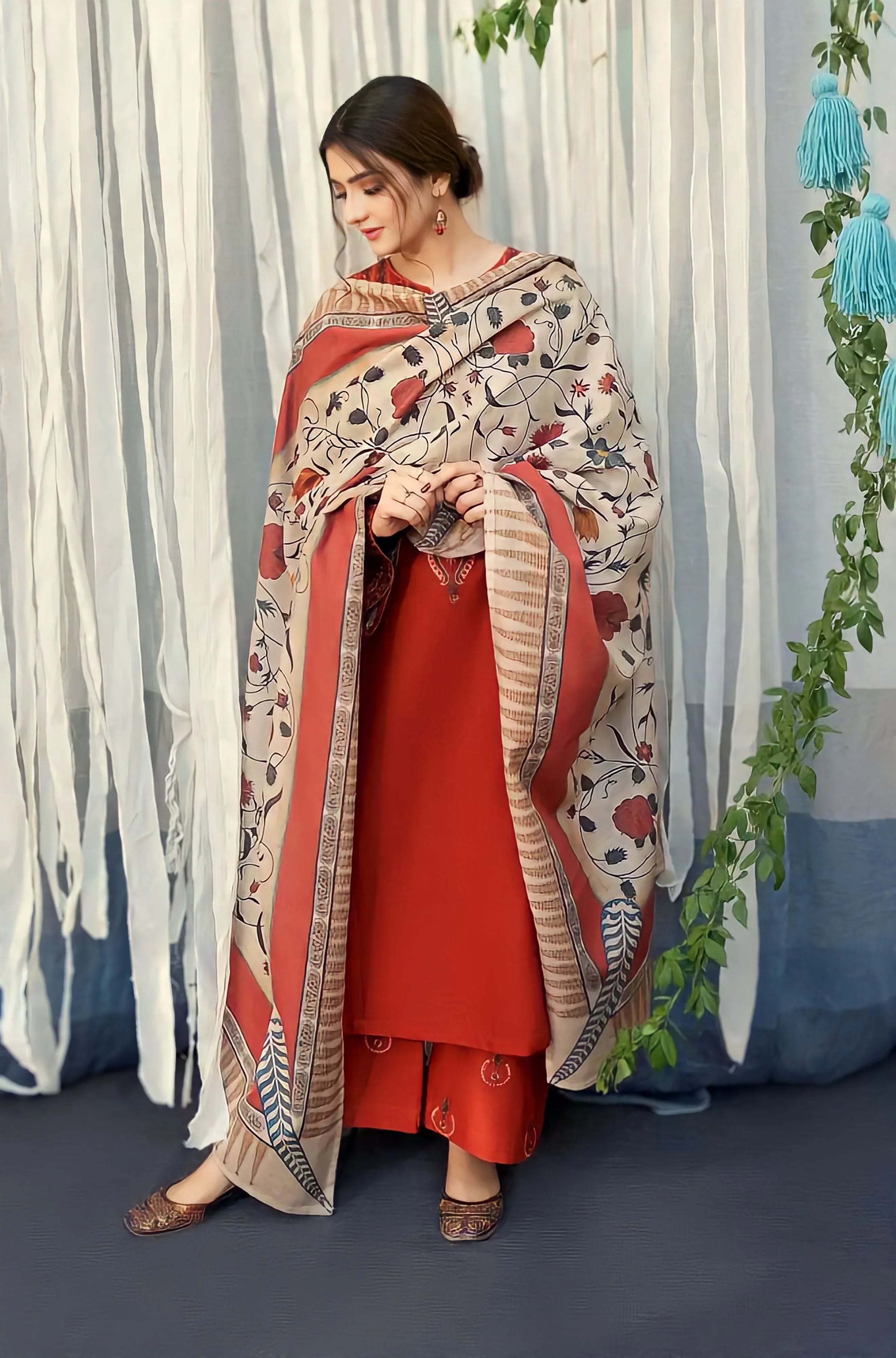 3PC Unstitched Dhanak Embroidered Shirt with Digital Printed Pashmina Wool Shawl and Embroidered Trouser AB