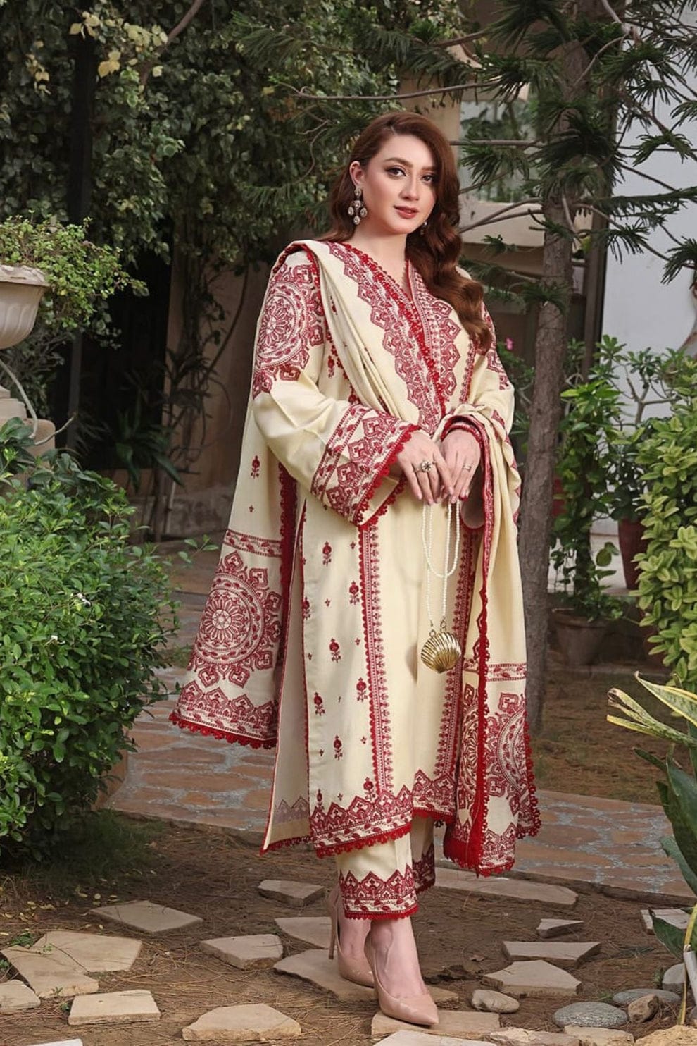 3PC Unstitched Dhanak Embroidered Shirt with Whool Embroidered Shawl and Trouser-HA35