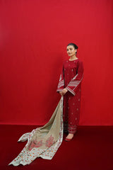 3PC Unstitched Dhanak Embroidered Shirt with Whool Printed Shawl and Trouser-HA40