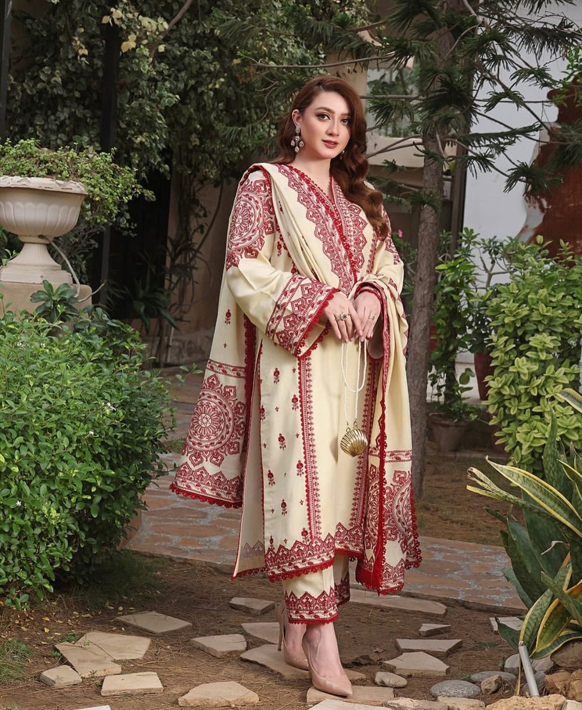 3PC Unstitched Dhanak Embroidered Shirt with Whool Embroidered Shawl and Trouser-HA35